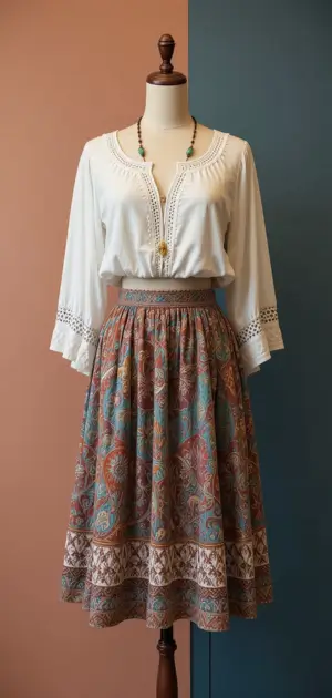 A stylish bohemian skirt with detailed patterns and a white top.