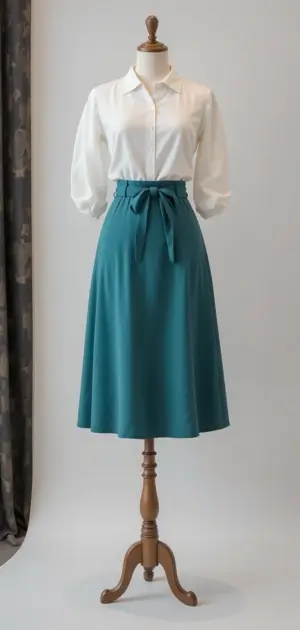 Teal midi skirt paired with a crisp white blouse.