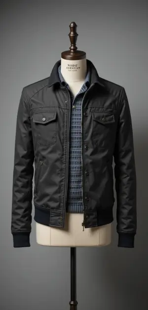 Black cotton jacket displayed on a mannequin with a layered outfit.