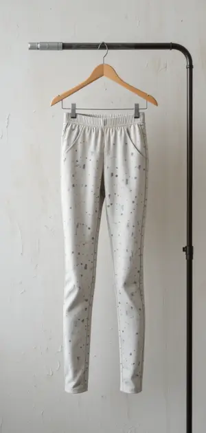White cotton leggings with a grey dot pattern, elastic waist, and pockets.