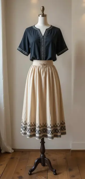 Beige cotton skirt with embroidered border and dark top.