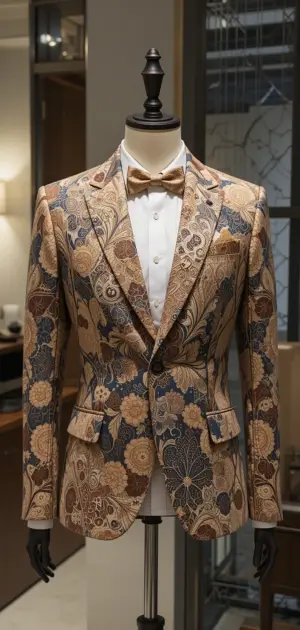 Gold and navy floral blazer with a bow tie and white shirt.