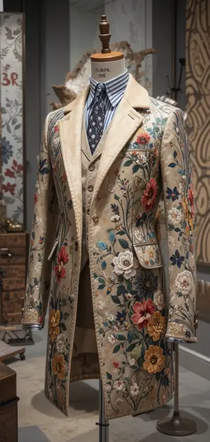 A long beige coat with detailed floral embroidery styled on a mannequin.