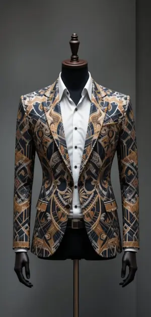 A tailored gold and navy geometric blazer paired with a white shirt.