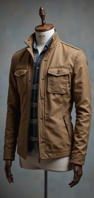 Tan linen jacket paired with a checkered shirt for a smart-casual look.