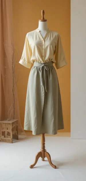 Yellow top with a tied linen skirt, perfect for casual wear.