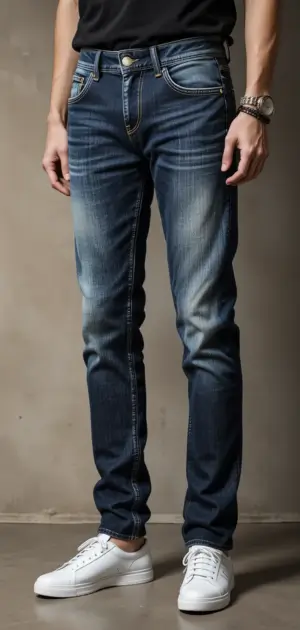 The man is wearing slim-fit blue jeans with faded wash and white sneakers.