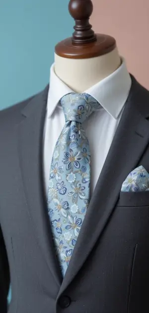 Grey suit with pastel blue floral tie and matching pocket square.