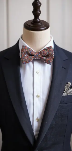 Navy tuxedo with a plaid bow tie, white shirt, and floral pocket square.