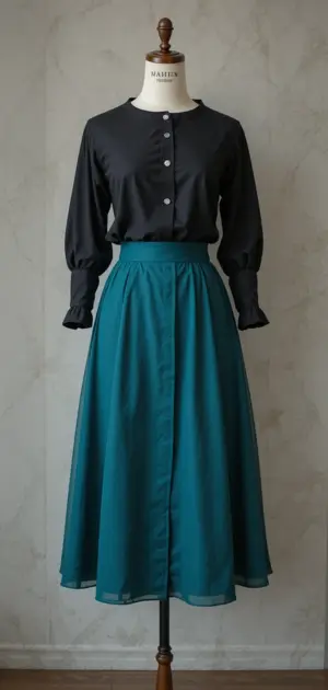 Teal flowy skirt paired with a ruffled black blouse.