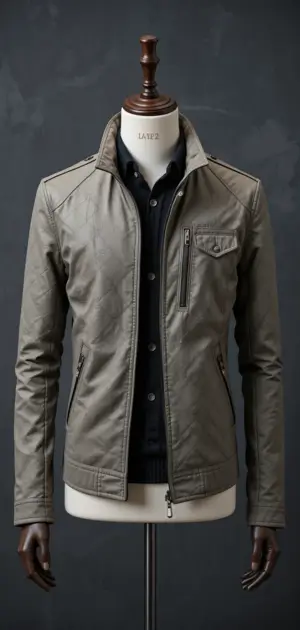 Taupe quilted jacket with zipper details, worn over a black shirt.