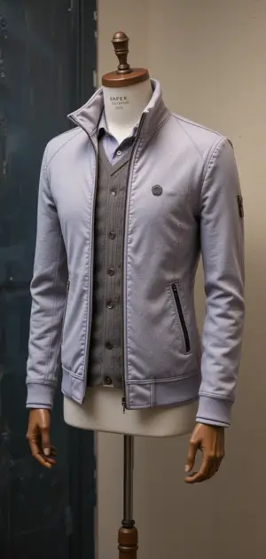 Light purple zip-up jacket worn over a gray vest and button-up shirt.