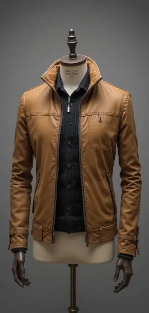 Tan zip-up polyester jacket with black shirt for a stylish contrast.