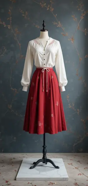 Stylish red skirt paired with a white blouse with fine embroidery.
