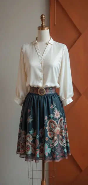 White blouse with a high-waist dark floral silk skirt, belted at the waist.