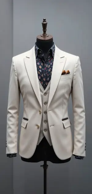 Off-white blazer with a floral shirt and matching vest on display. 