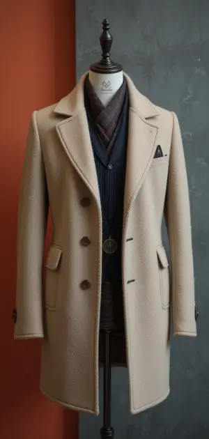 Beige structured overcoat with notch lapels and button closures.