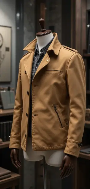 Camel-tone solid jacket with button details and a tailored fit.