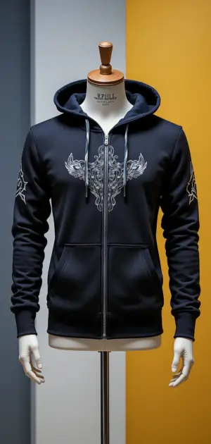 A mannequin wearing a grey sports hoodie with a front logo.
