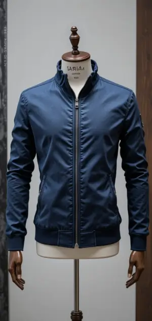 Men's navy blue sports jacket with a high collar and zip closure.