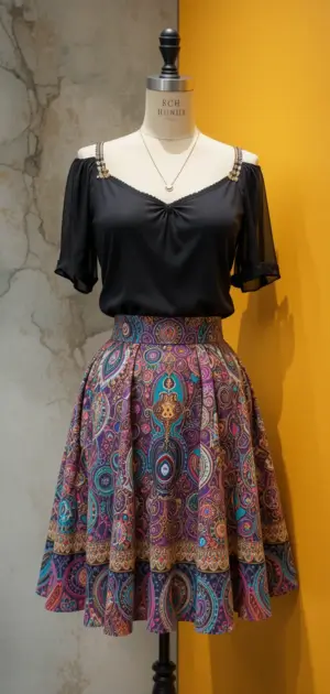 Colorful streetwear skirt with a bold pattern, styled for casual wear.