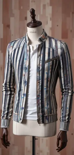 White and navy striped men’s jacket featuring floral pattern accents.