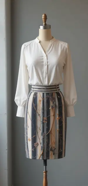 Buttoned white blouse tucked into a vertical striped pencil skirt.