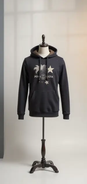 Dark blue hoodie with subtle star designs and a warm hood.