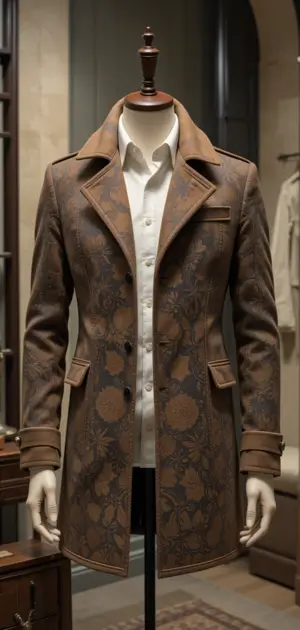 Brown floral-patterned vintage coat with structured shoulders and a tailored fit.