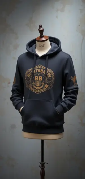 Black pullover hoodie with gold embroidery and a classic vintage logo.