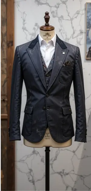 A tailored navy vintage blazer featuring subtle floral accents and a vest.