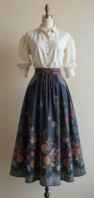 Navy floral vintage skirt with white button-down blouse, belted waist.