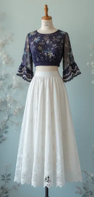 Ivory lace wedding skirt with a navy sheer floral blouse on a mannequin.