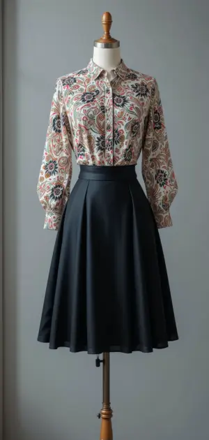 Black flared office skirt with a bold, floral-patterned blouse.