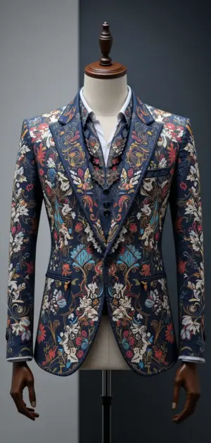 Navy floral blazer with intricate embroidery and a matching vest.