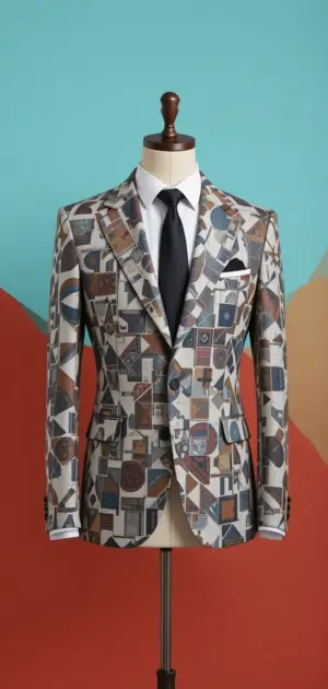 A stylish multicolored geometric blazer with a patterned background.