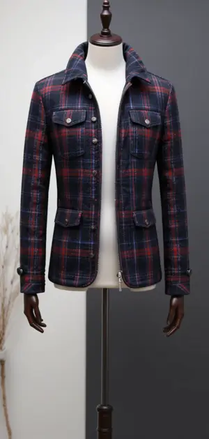 Men's plaid jacket in deep navy with red accents and front pockets.