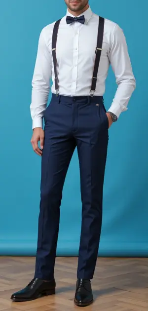 A man wearing navy dress pants, a white shirt, suspenders, and a bow tie.