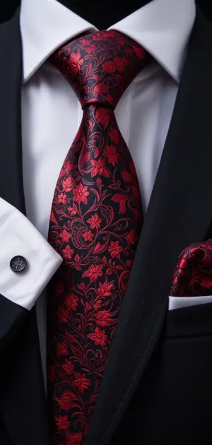 A black suit with a red floral tie and matching pocket square.