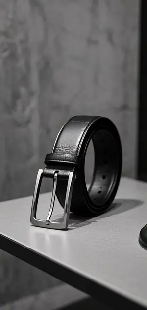 A black leather belt with subtle texture and a silver buckle.