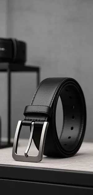 structured black leather belt with a silver prong buckle.