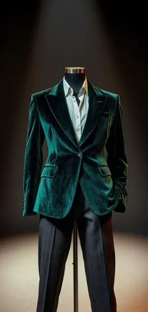 luxurious deep green velvet blazer with a satin lapel on a mannequin