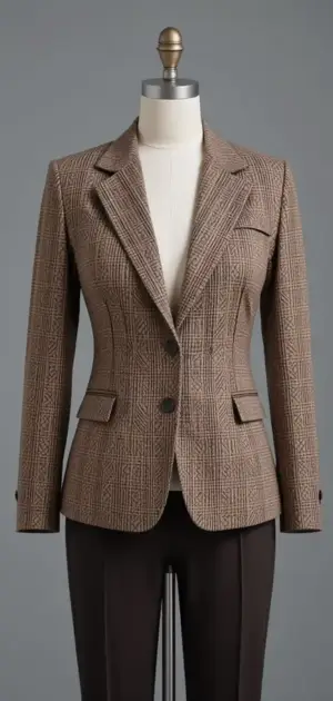 tailored brown plaid blazer with a structured fit on a mannequin