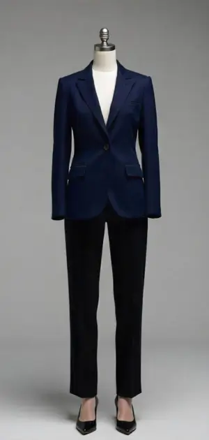 sleek navy blue blazer with matching trousers on a mannequin