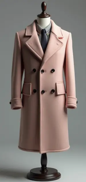 A soft pink double-breasted coat with a relaxed tailored fit.