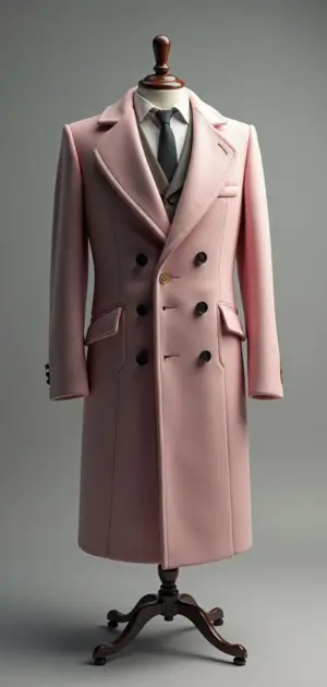 A blush pink double-breasted coat with a full-length, structured design.