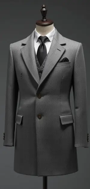 A grey single-breasted overcoat paired with a vest and tie.