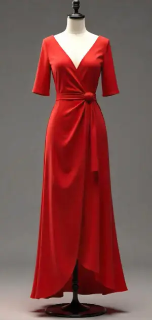 Classic red wrap dress with short sleeves, a tied waist, and an asymmetrical hemline.