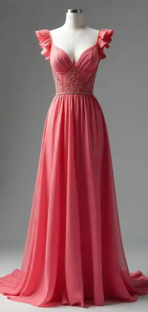 Romantic coral pink gown with ruffled shoulder straps and lace bodice details