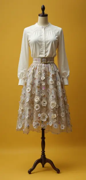 Beige floral midi skirt with soft embroidery and a belt.